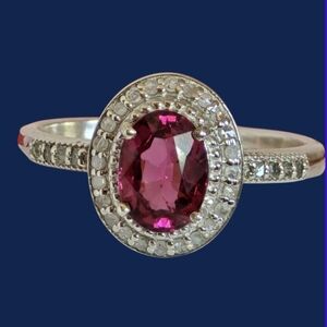 925 Sterling Silver Ring Sz 7 with Natural Rhodolite Garnet 6x8mm and Diamonds